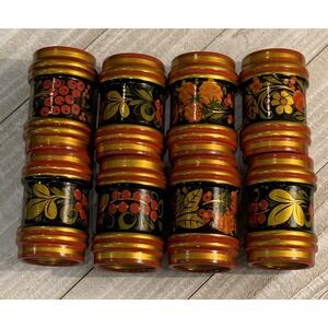 Vtg 8 Wood Napkin Rings Hand Painted Floral Blue Colorful Boho‎ Tiki